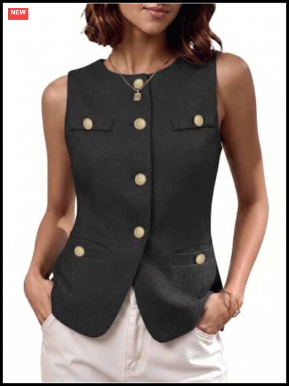 Tweed Sleeveless Blazer Vest Women's Button Front Waistcoat